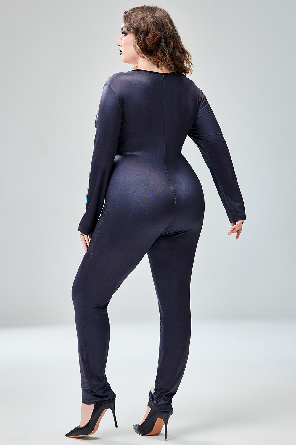 Xpluswear Design Plus Size Halloween Costume Gothic Black Skeleton Print Long Sleeve Knitted Jumpsuit [Pre-Order]