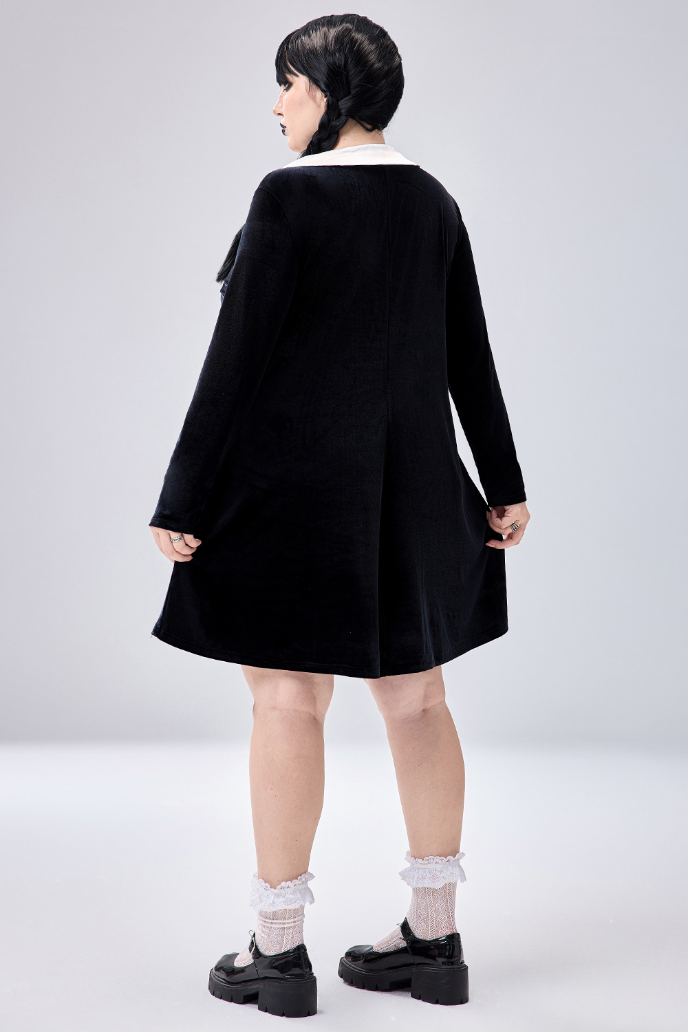 Xpluswear Design Plus Size Halloween Costume Black Velvet Doll Collar Long Sleeve Mini Dress With Pocket [Pre-Order]
