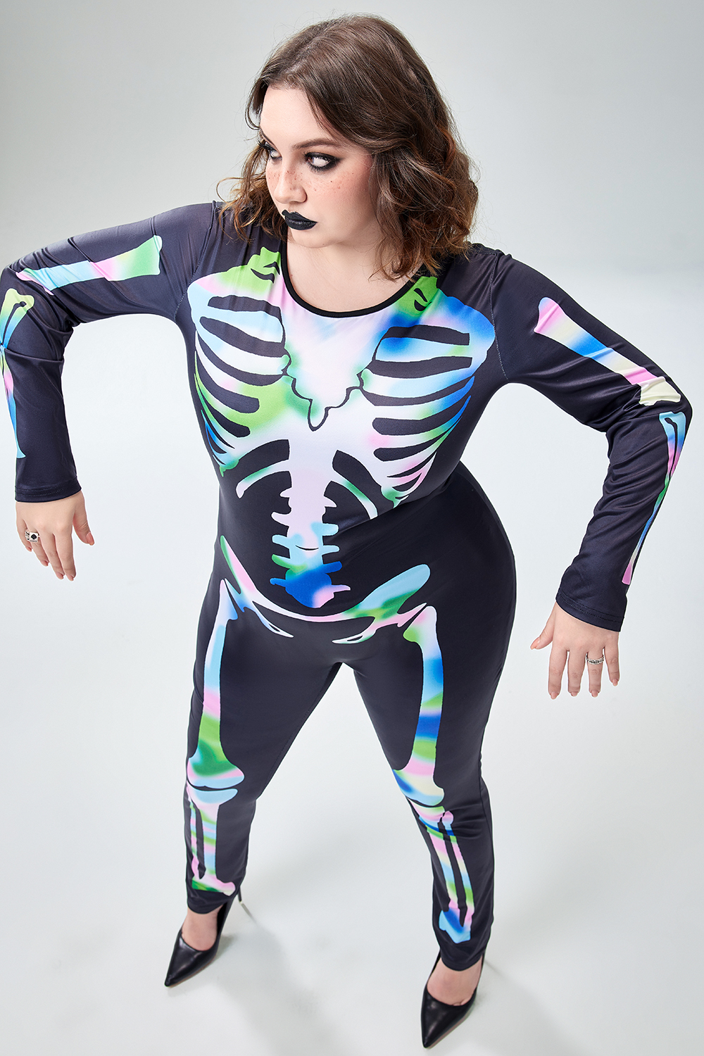 Xpluswear Design Plus Size Halloween Costume Gothic Skeleton Print Long Sleeve Round Neck Jumpsuit [Pre-Order]