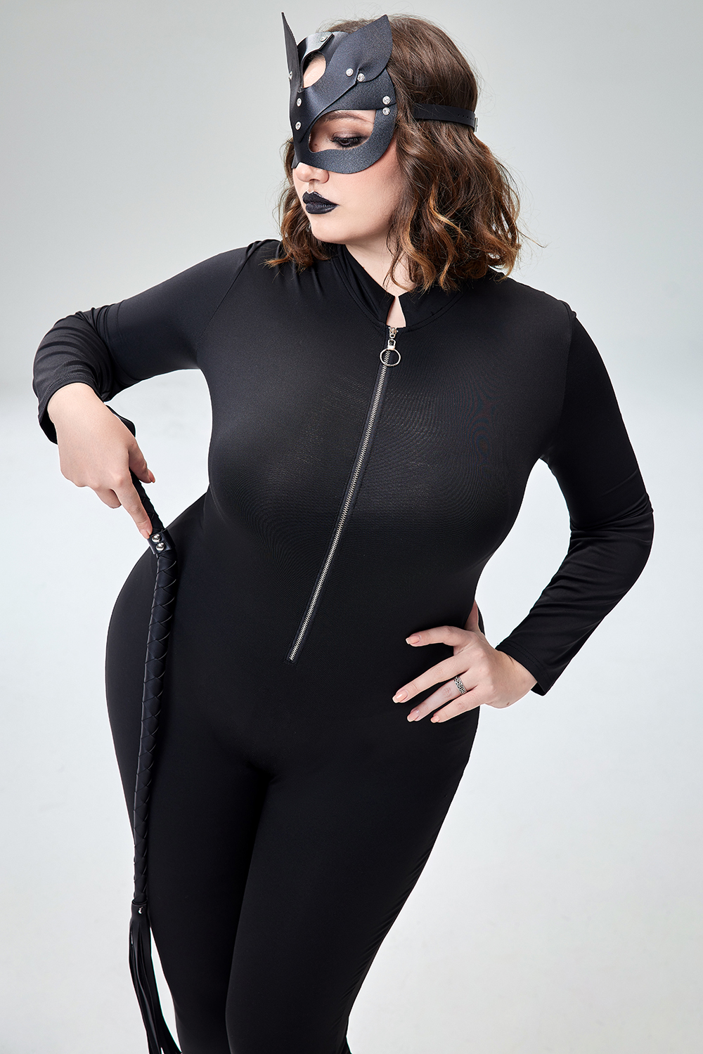 Xpluswear Design Plus Size Halloween Costume Gothic Black Zipper Long Sleeve Knitted Jumpsuit