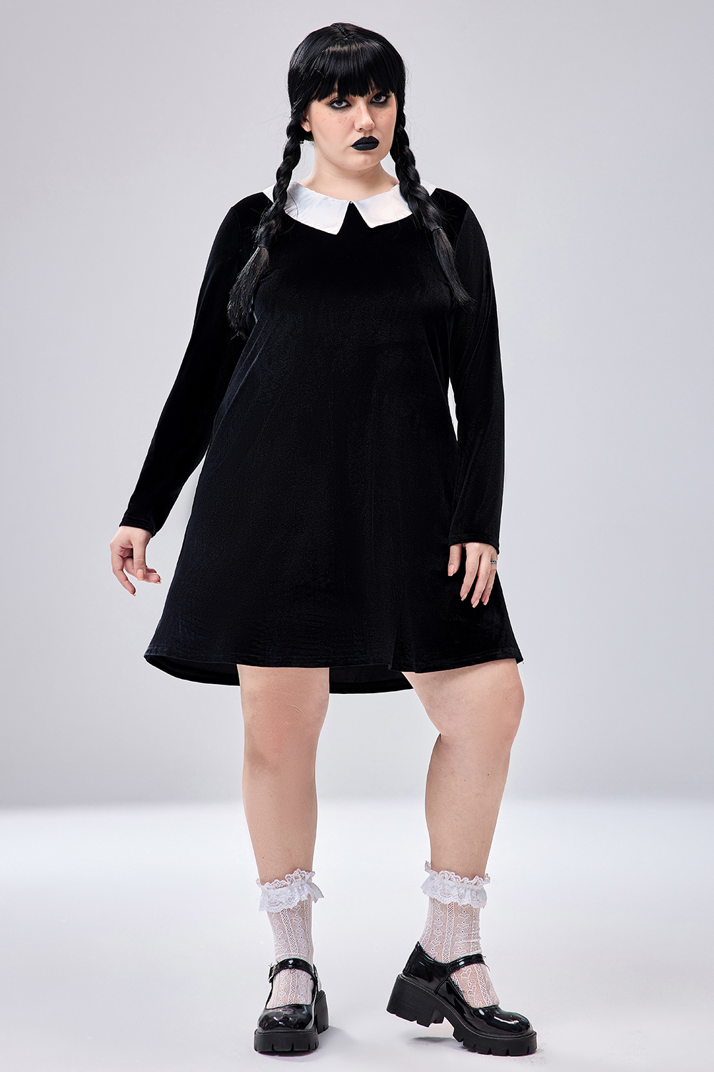 Xpluswear Design Plus Size Halloween Costume Black Velvet Doll Collar Long Sleeve Mini Dress With Pocket [Pre-Order]