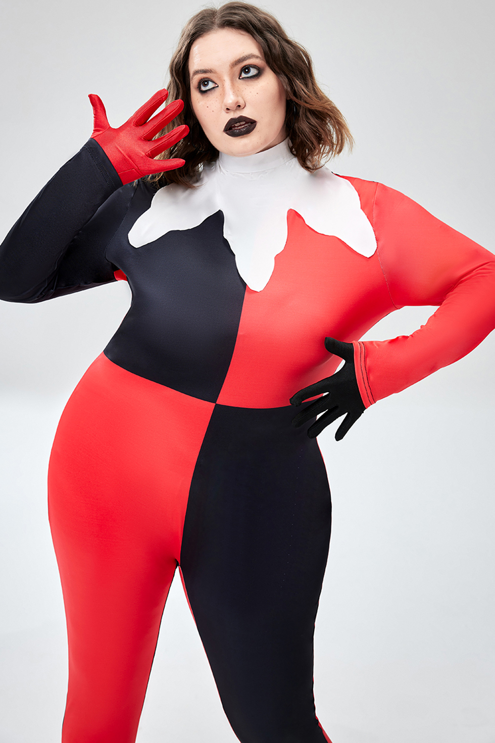 Xpluswear Design Plus Size Casual Halloween Costume Red All Over Print Long Sleeve Knitted Jumpsuit [Pre-Order]