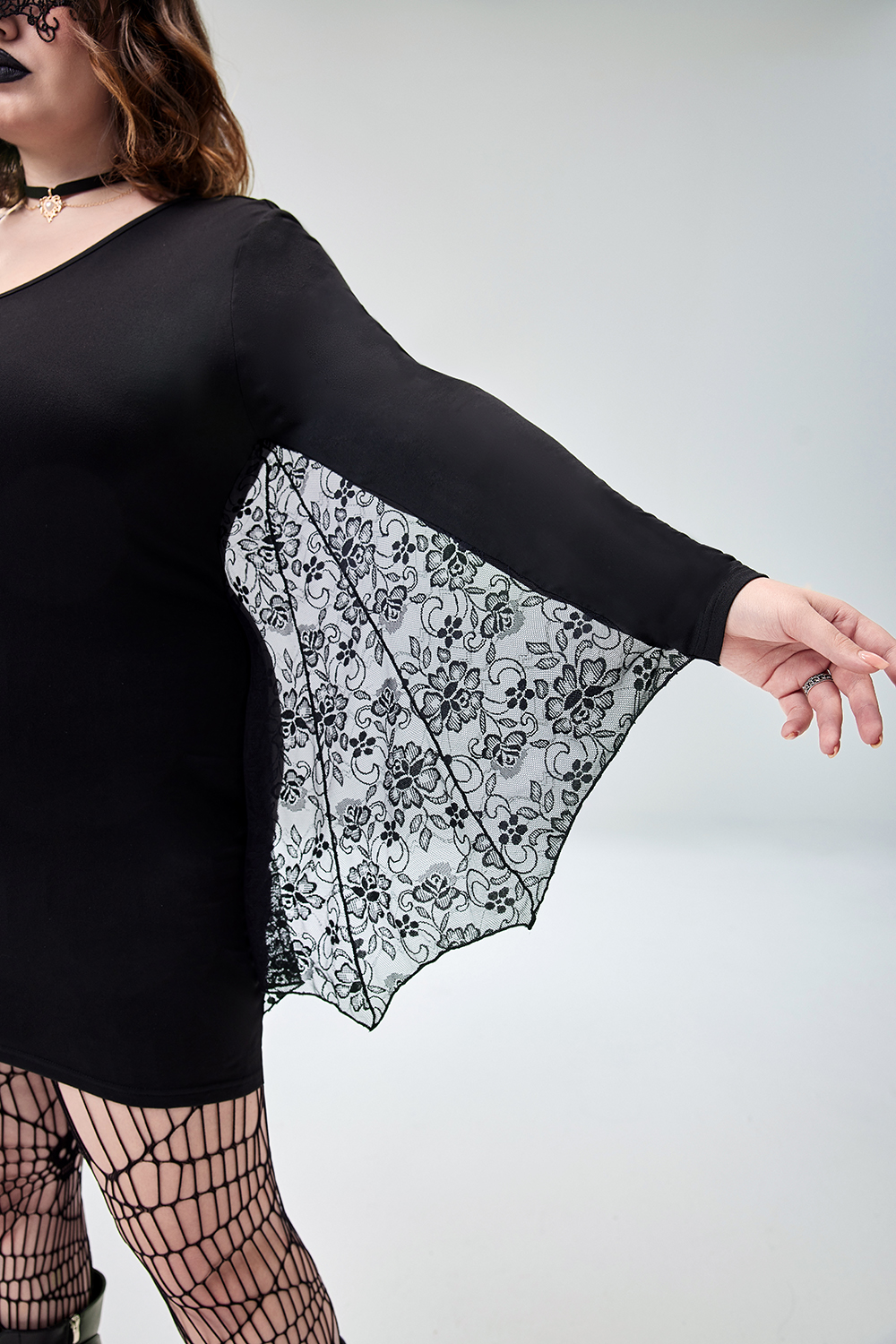 Xpluswear Design Plus Size Casual Halloween Costume Gothic Black Bat V-Neck Long Sleeve Knitted Mini Dress [Pre-Order]