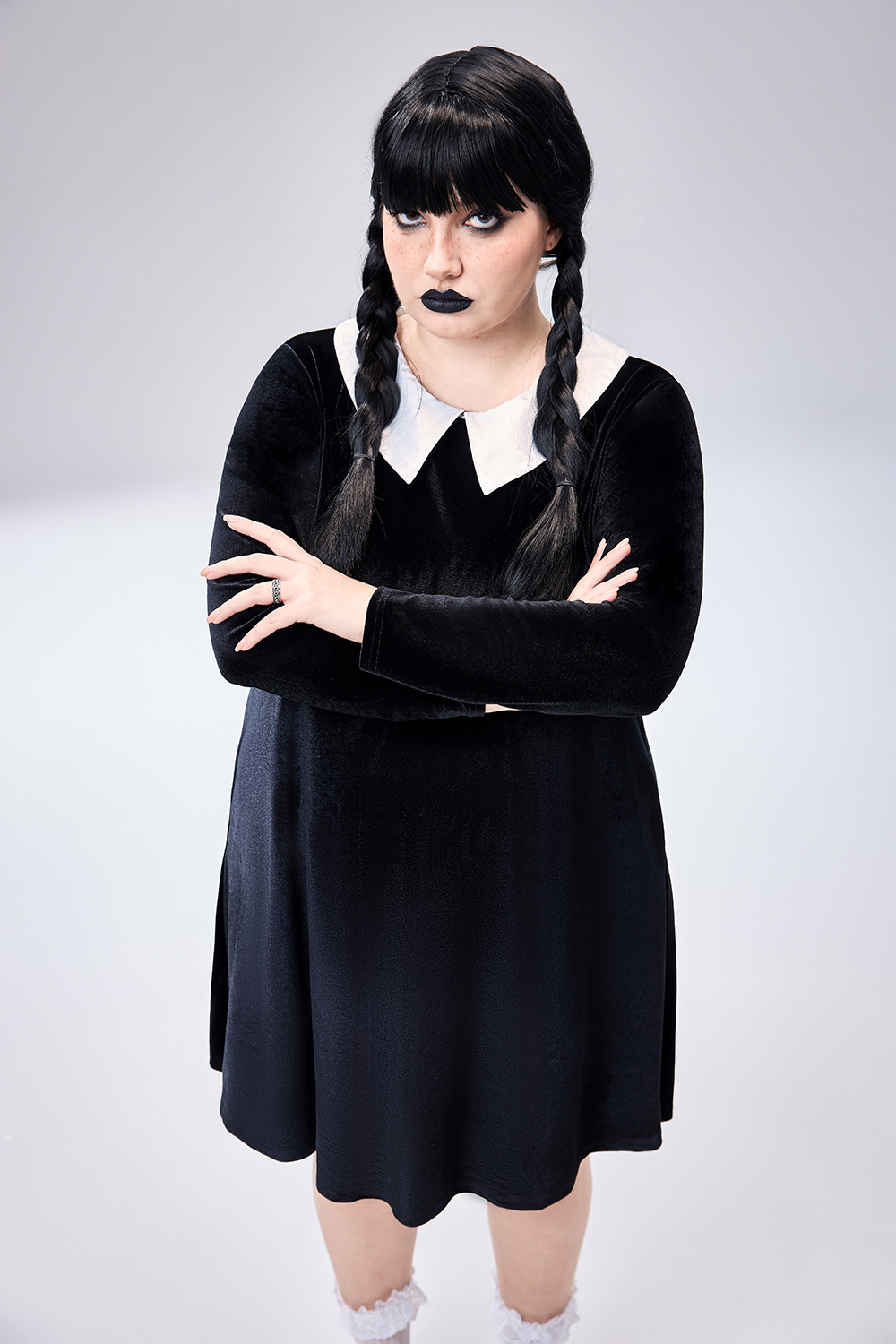 Xpluswear Design Plus Size Halloween Costume Black Velvet Doll Collar Long Sleeve Mini Dress With Pocket [Pre-Order]