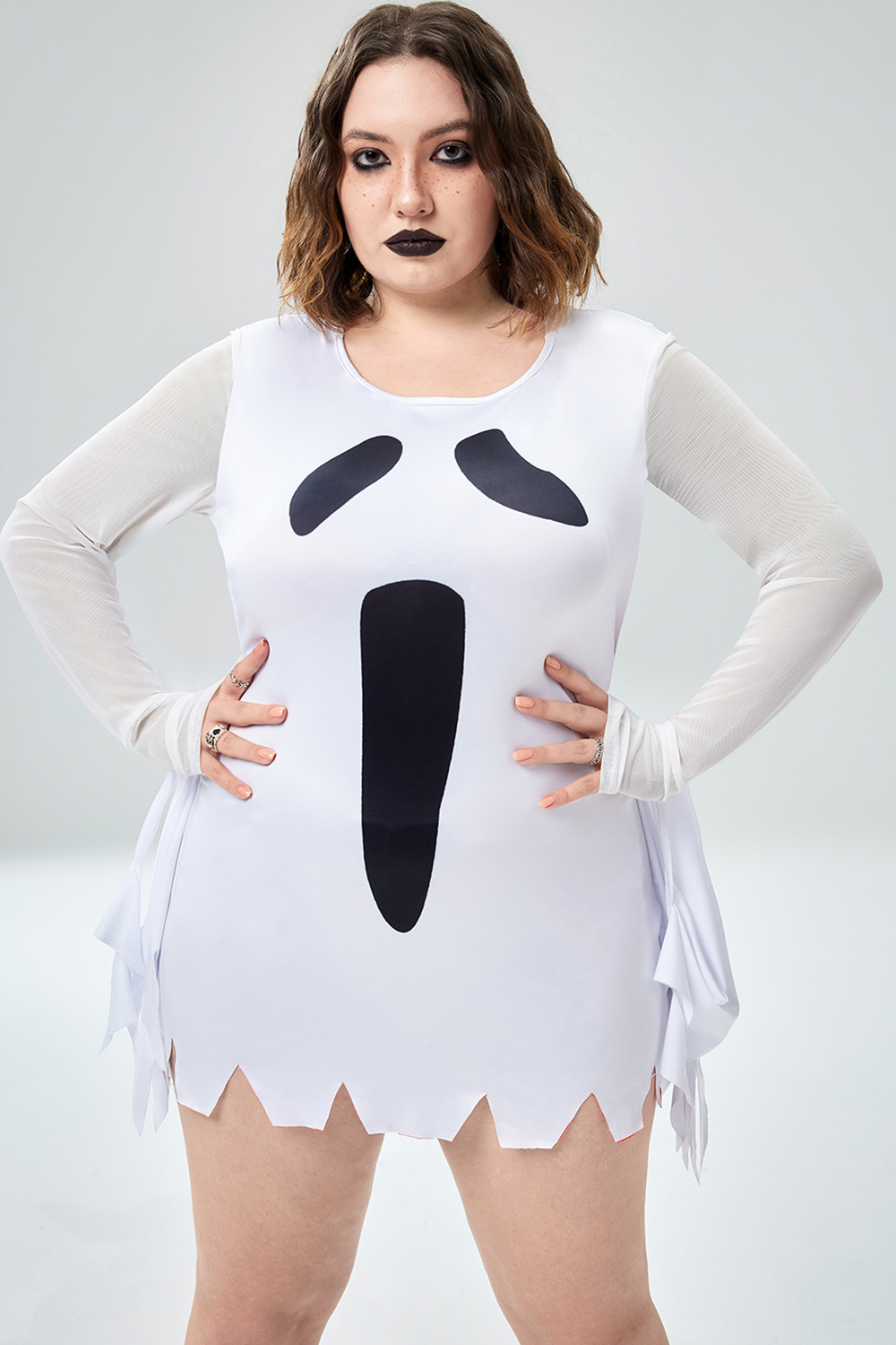 Xpluswear Design Plus Size Casual Halloween Costume White Ghost Knitted Mini Dress [Pre-Order]