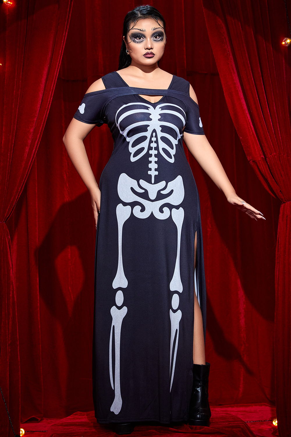 Xpluswear Design Plus Size Halloween Costume Black Skeleton Print Cold Shoulder Split Knitted Maxi Dress