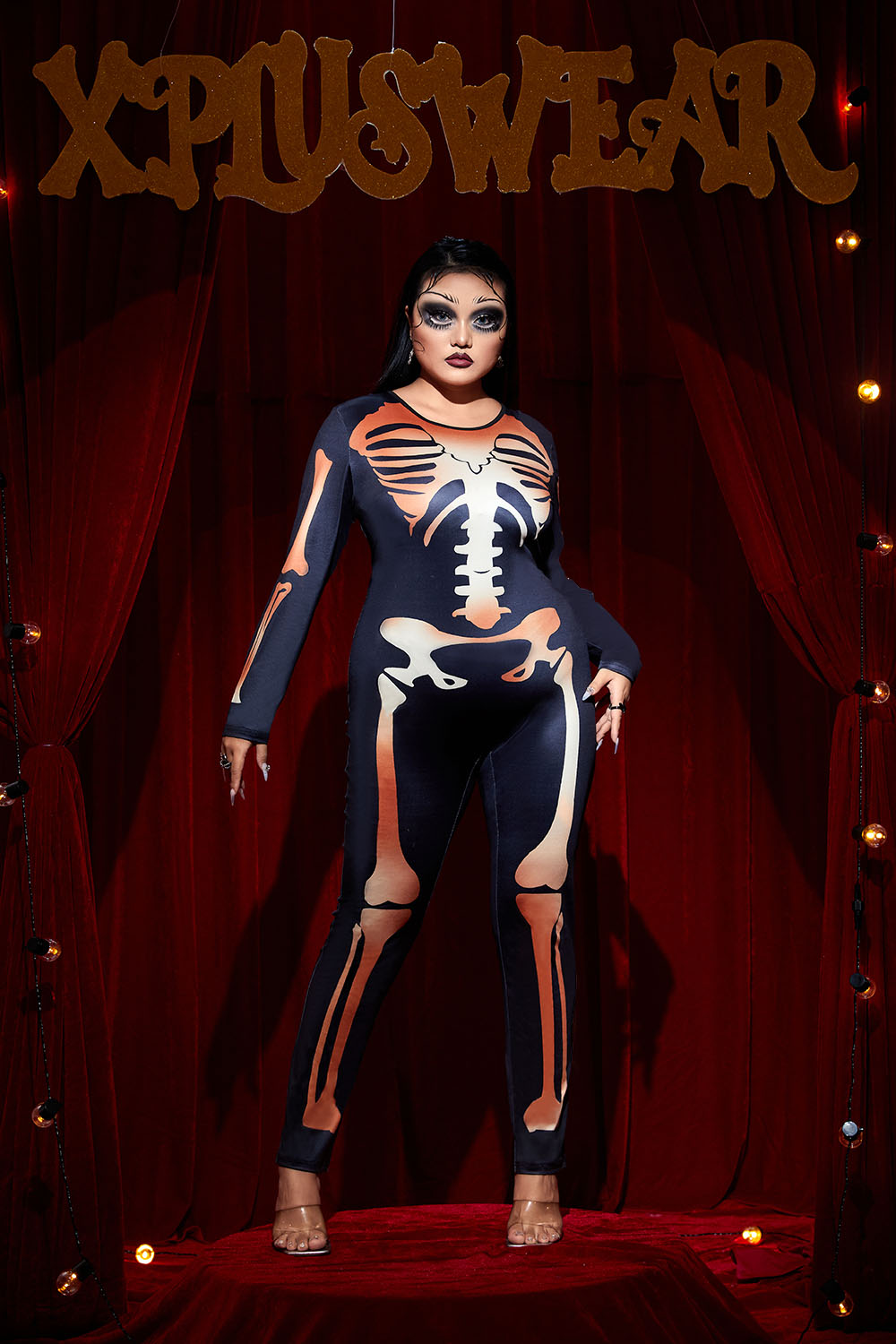 Xpluswear Design Plus Size Halloween Costume Black Skeleton Print Long Sleeve Knitted Jumpsuit [Pre-Order]