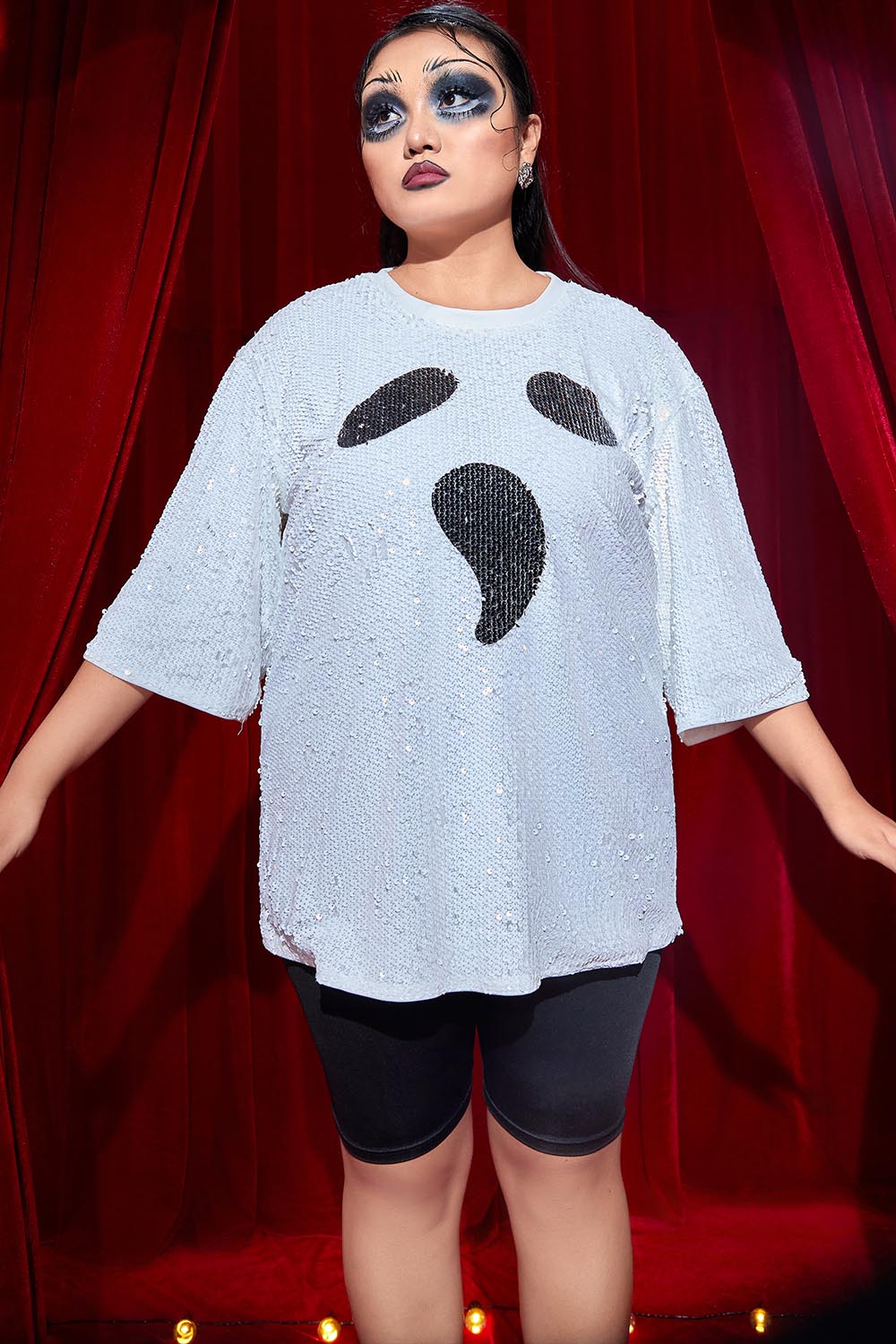 Xpluswear Design Plus Size Casual Halloween Costume White Ghosts Round-Neck Short Sleeve Pattern Sequin T-Shirt [Pre-Order]