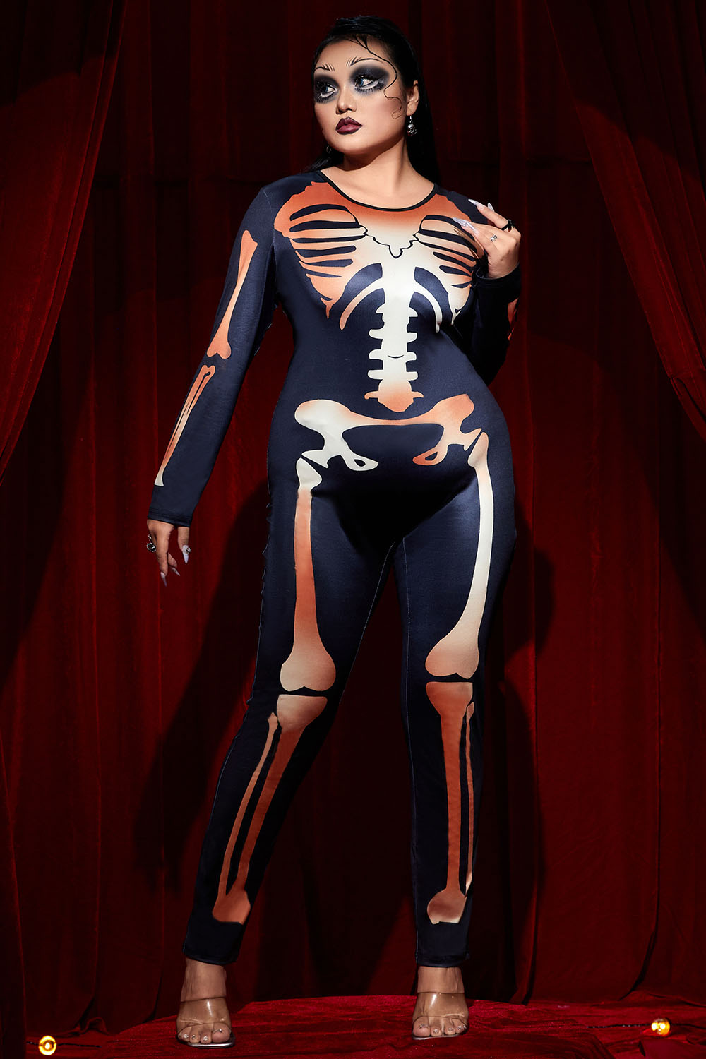 Xpluswear Design Plus Size Halloween Costume Black Skeleton Print Long Sleeve Knitted Jumpsuit [Pre-Order]