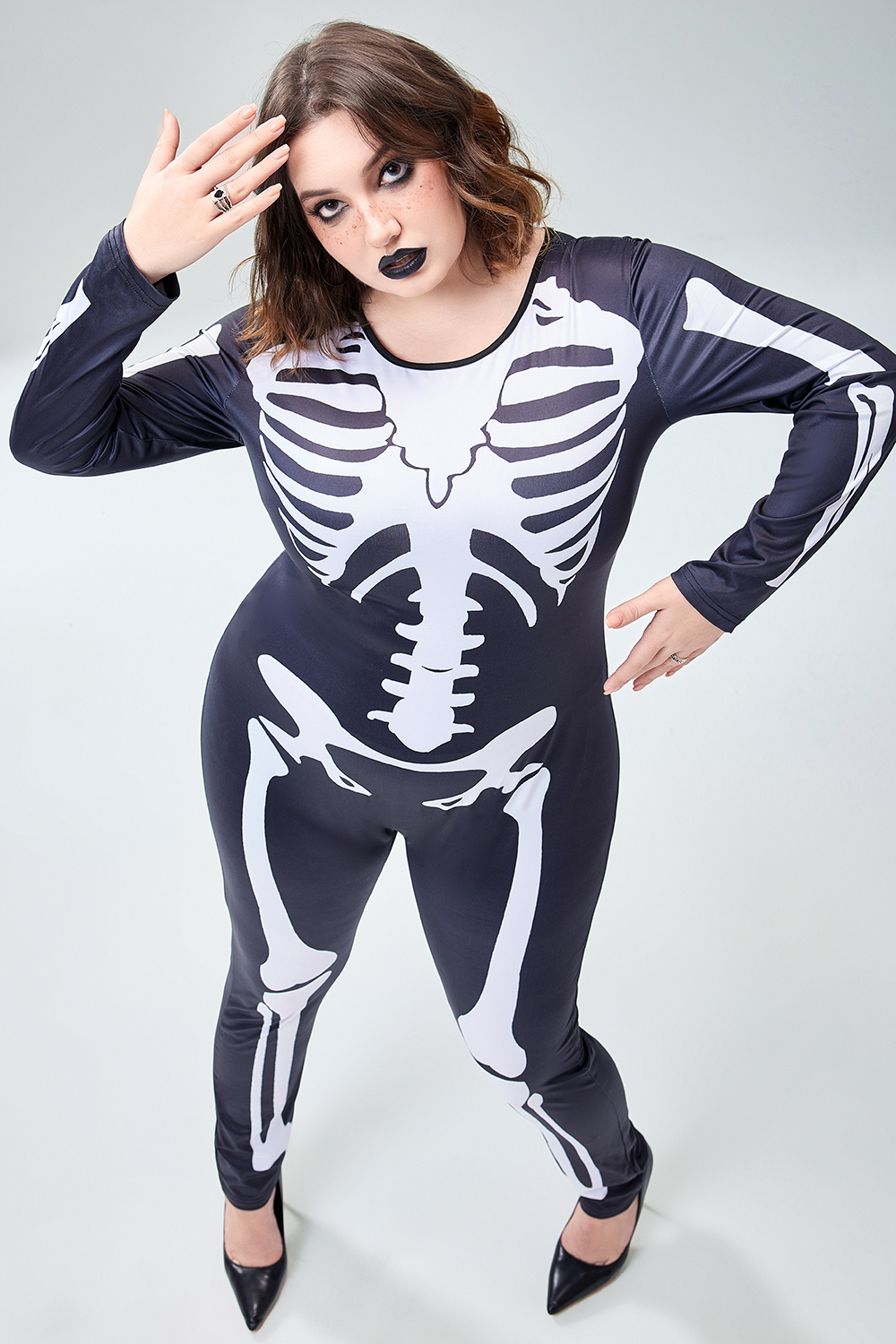 Xpluswear Design Plus Size Halloween Costume Gothic Skeleton Print Long Sleeve Knitted Jumpsuit [Pre-Order]
