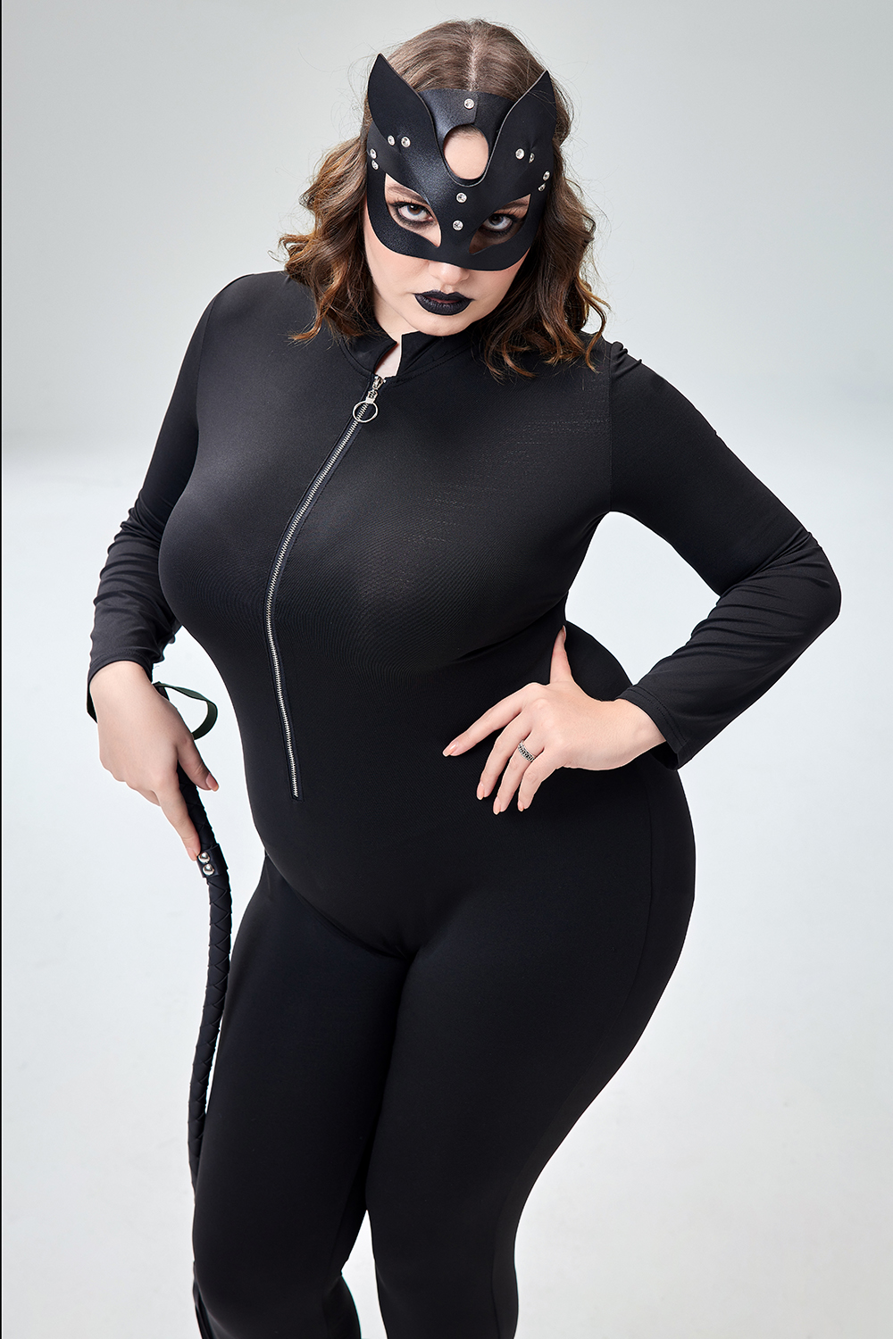 Xpluswear Design Plus Size Halloween Costume Gothic Black Zipper Long Sleeve Knitted Jumpsuit