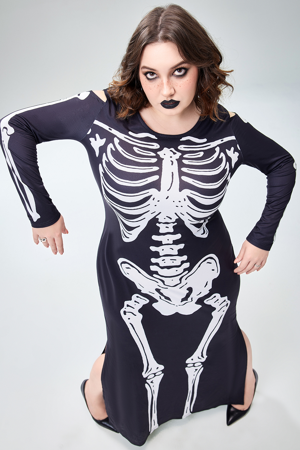 Xpluswear Design Plus Size Casual Halloween Costume Gothic Black Round Neck Long Sleeve Skeleton Print Knitted Maxi Dress