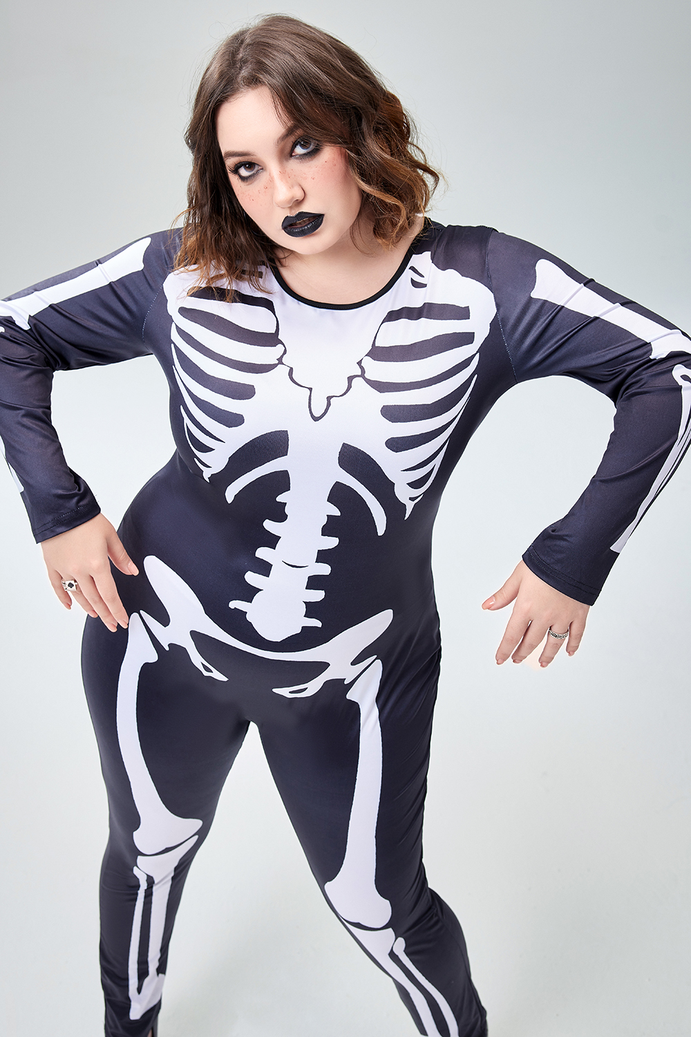 Xpluswear Design Plus Size Halloween Costume Gothic Skeleton Print Long Sleeve Knitted Jumpsuit [Pre-Order]