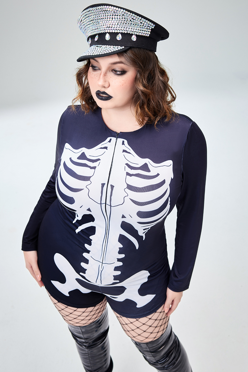 Xpluswear Design Plus Size Halloween Costume Gothic Black Skeleton Print Long Sleeve Knitted Bodysuit