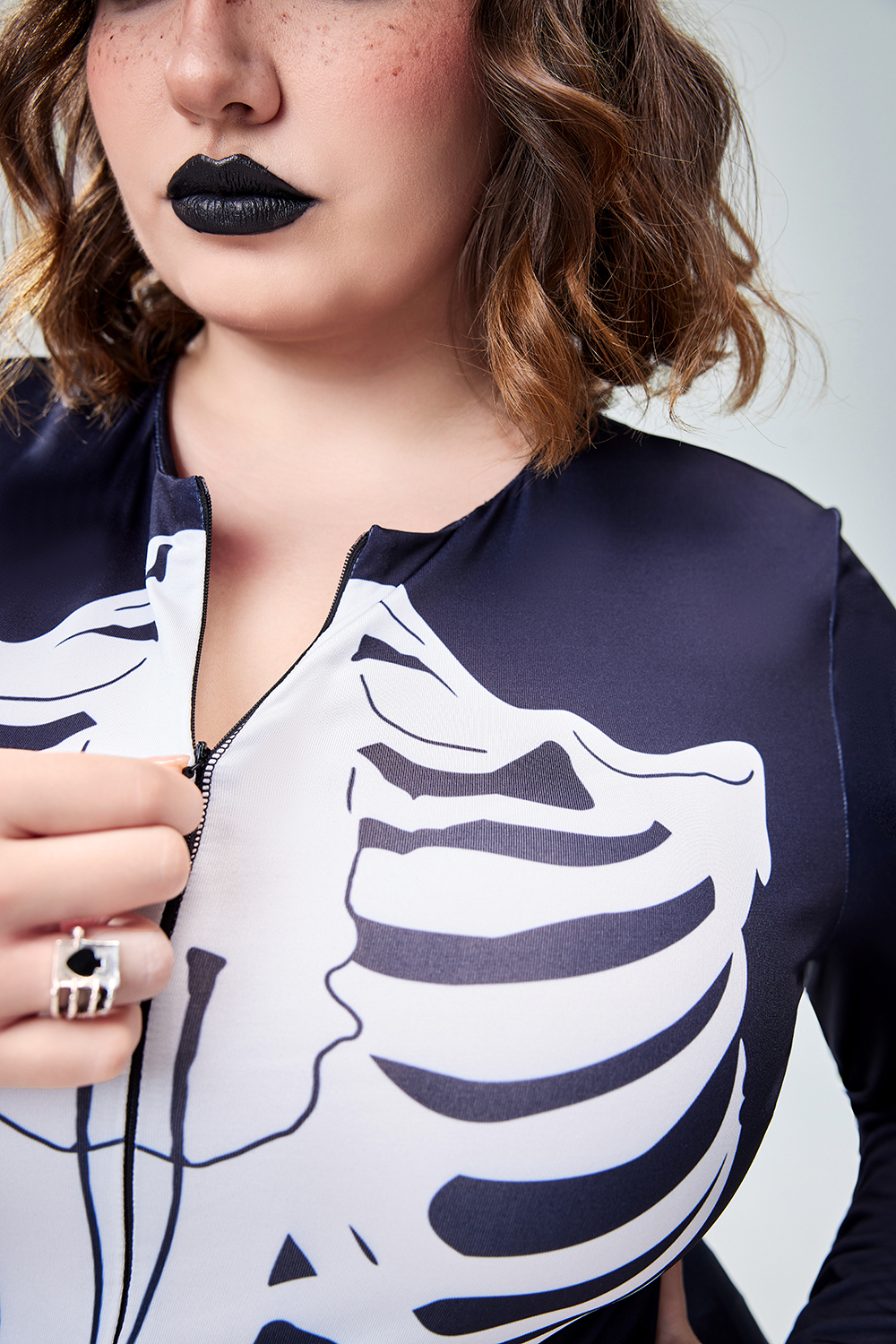 Xpluswear Design Plus Size Halloween Costume Gothic Black Skeleton Print Long Sleeve Knitted Bodysuit