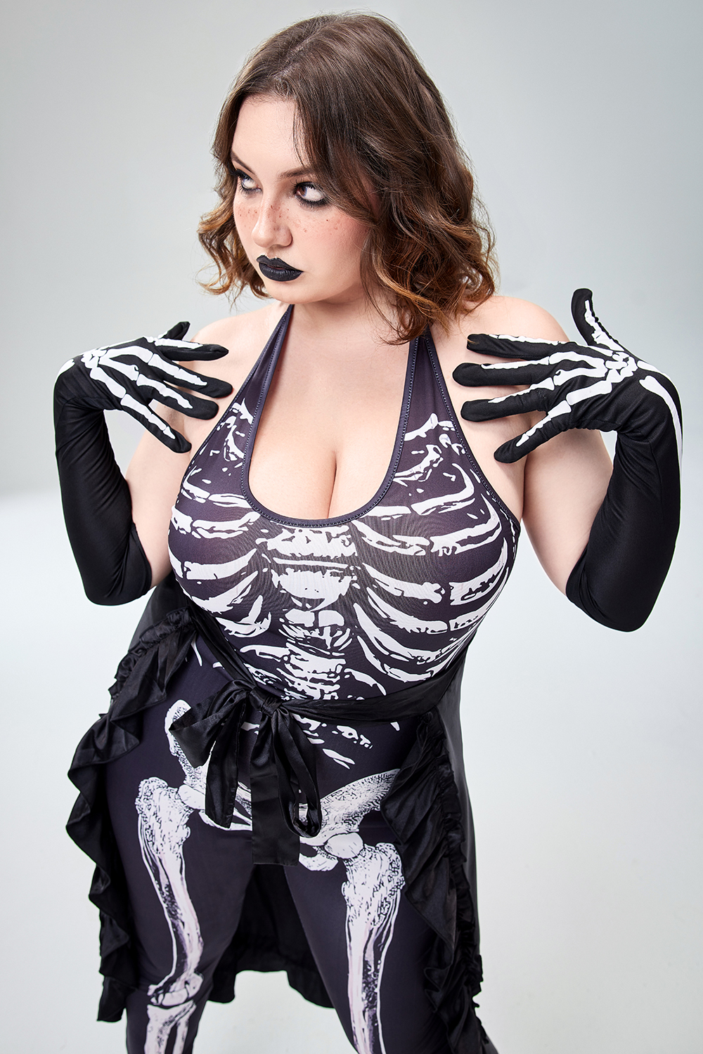 Xpluswear Design Plus Size Casual Halloween Costume Black Skeleton Print Sleeveless Knitted Jumpsuits (Without Gloves) [Pre-Order]