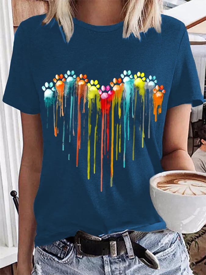 Women's Colorful Dog Paw Heart Print T-Shirt