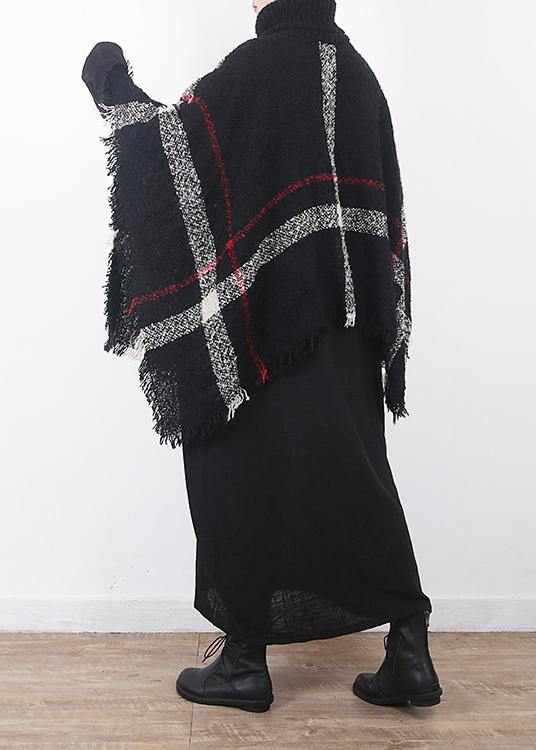 winter original design plaid high neck knit tops oversize black tassel cloak
