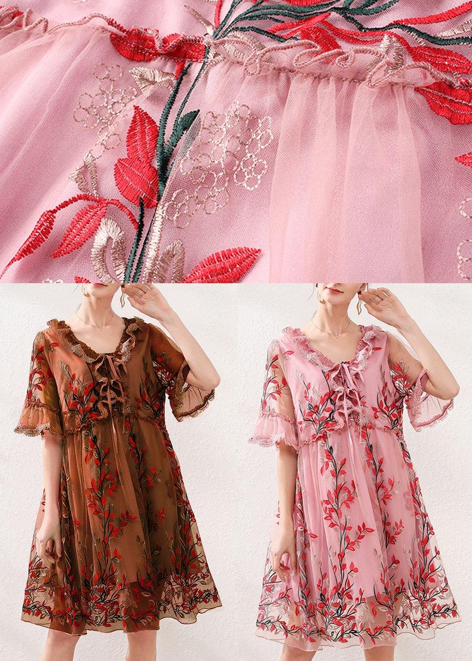 Natural Pink Embroidery Lace Bow Summer Dress