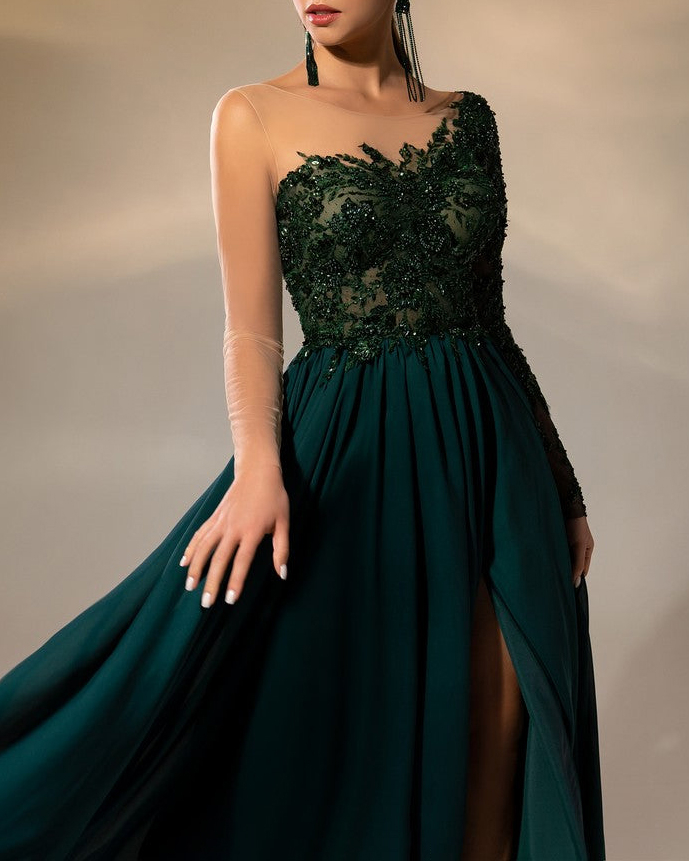 rhinestone one-shoulder chiffon dress