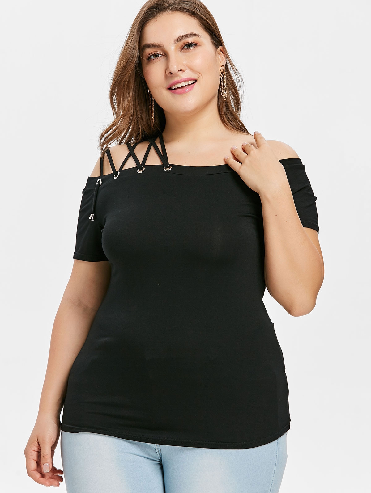 Plus Size Off The Shoulder Strappy Women T-shirt