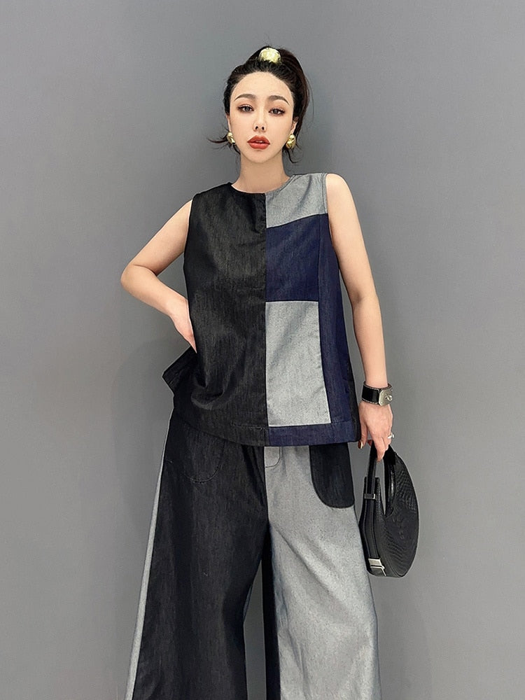 Everyday Chic Two Tone Denim Top & Wide Leg Pants 2-Piece Set