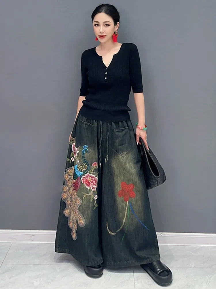 Classic Embroidery Elastic Waist Wide Leg Denim Pants