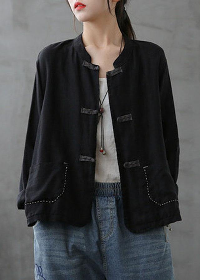 Boutique Green Stand Collar Embroideried Patchwork Linen Coat