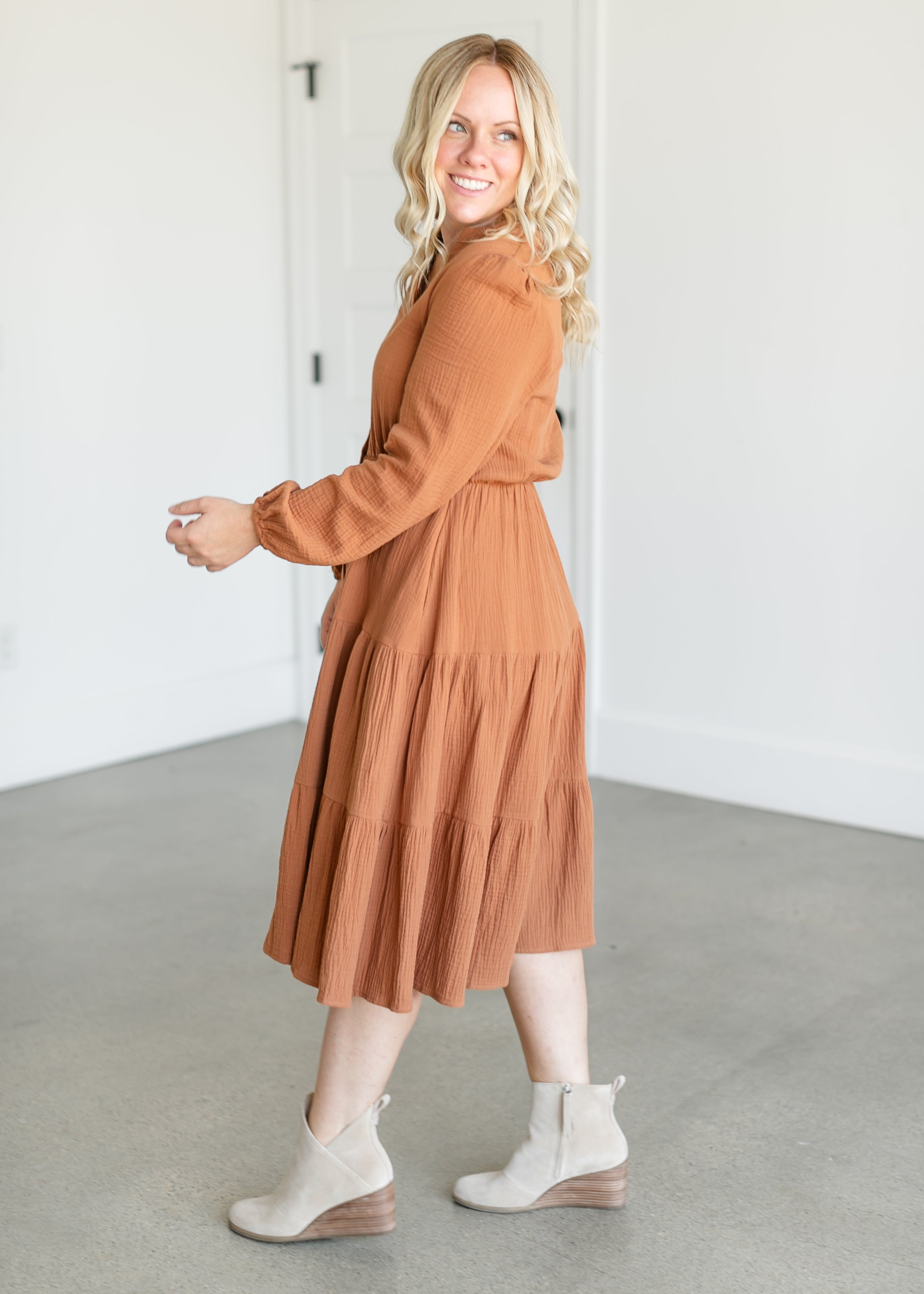 Button Up Long Sleeve Muslin Dress