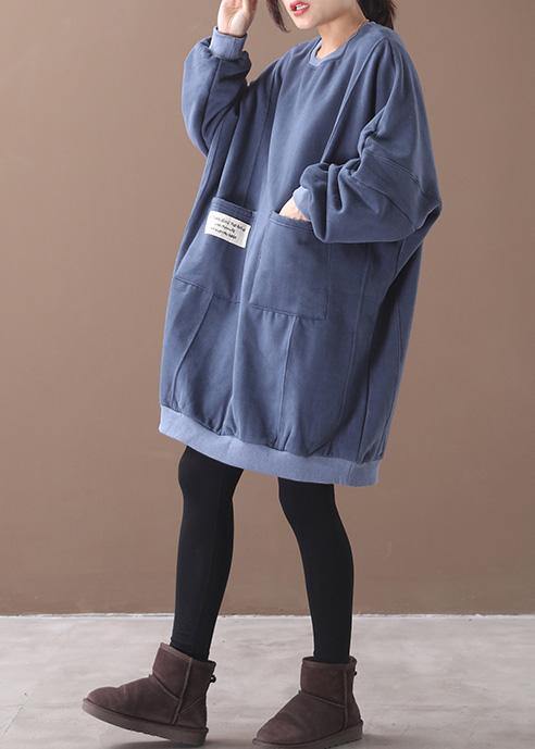 French two pockets Cotton o neck tunics for women Sewing blue Dress