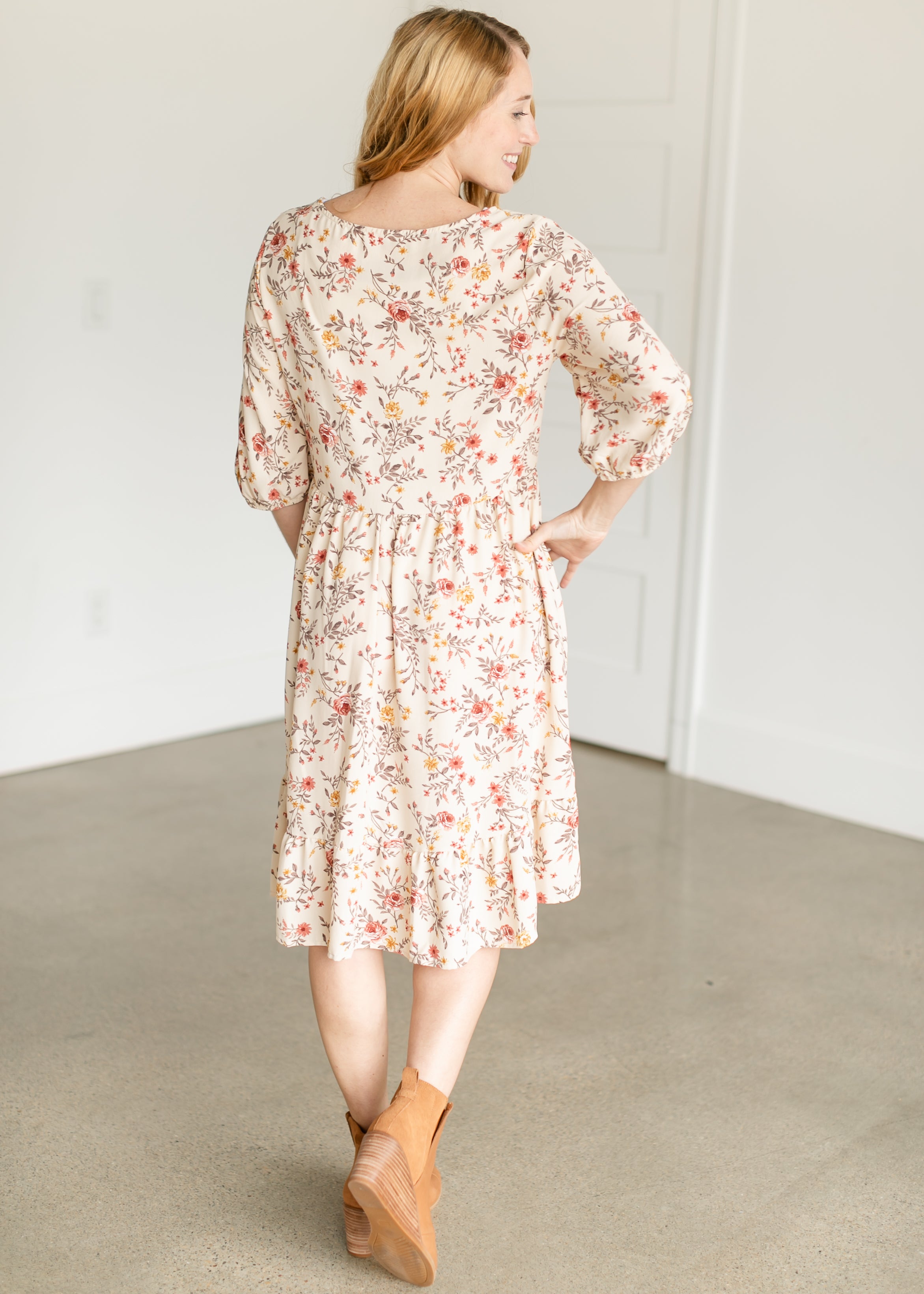 Floral 3/4 Sleeve Midi Dress