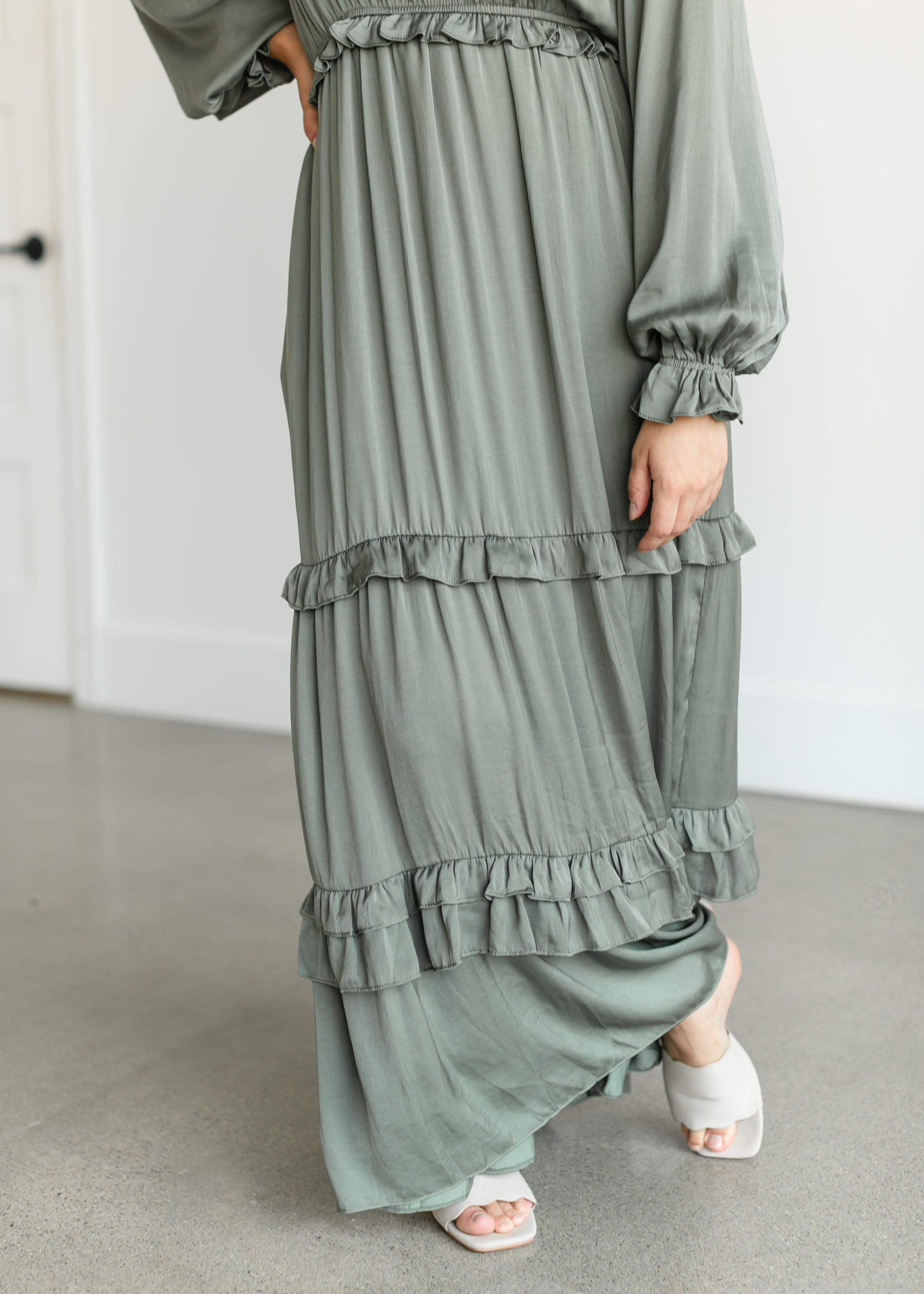 Long Sleeve V-neck Satin Maxi Dress