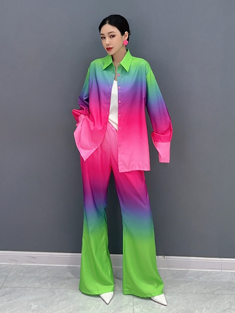 Casual Chic Gradient Long Sleeve Blouse & Loose Pants 2-Piece Set