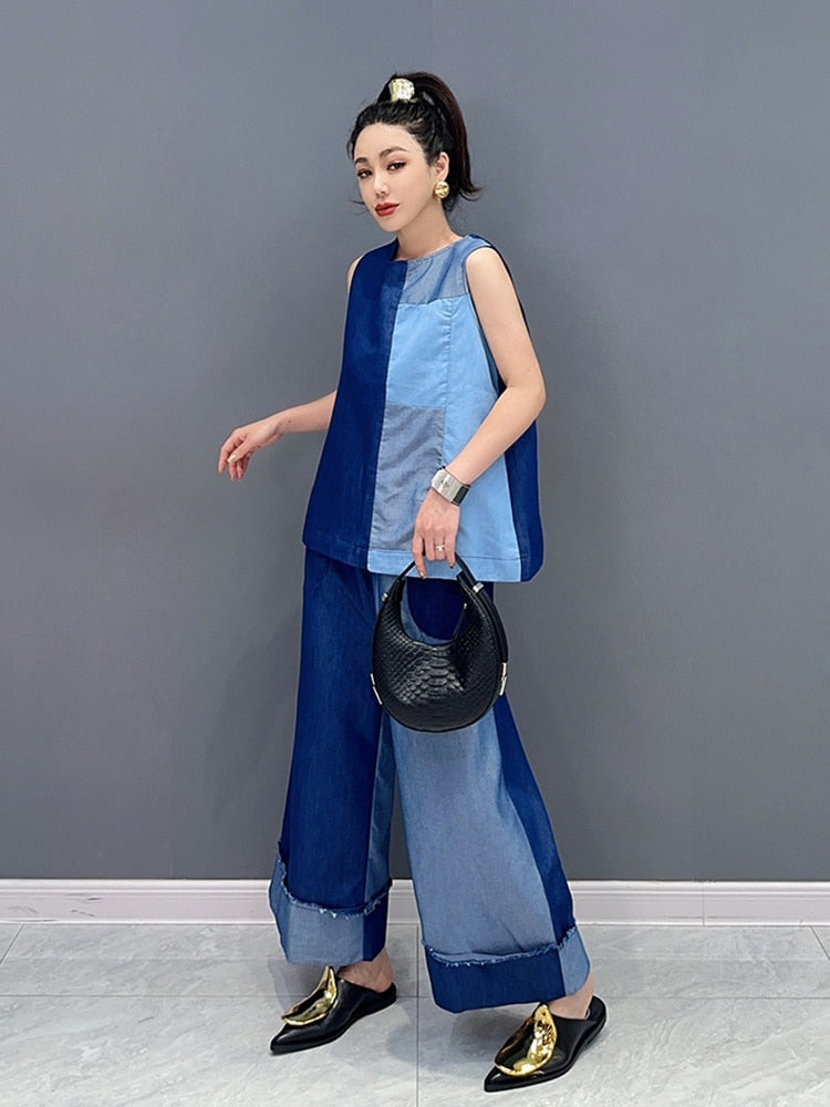 Everyday Chic Two Tone Denim Top & Wide Leg Pants 2-Piece Set