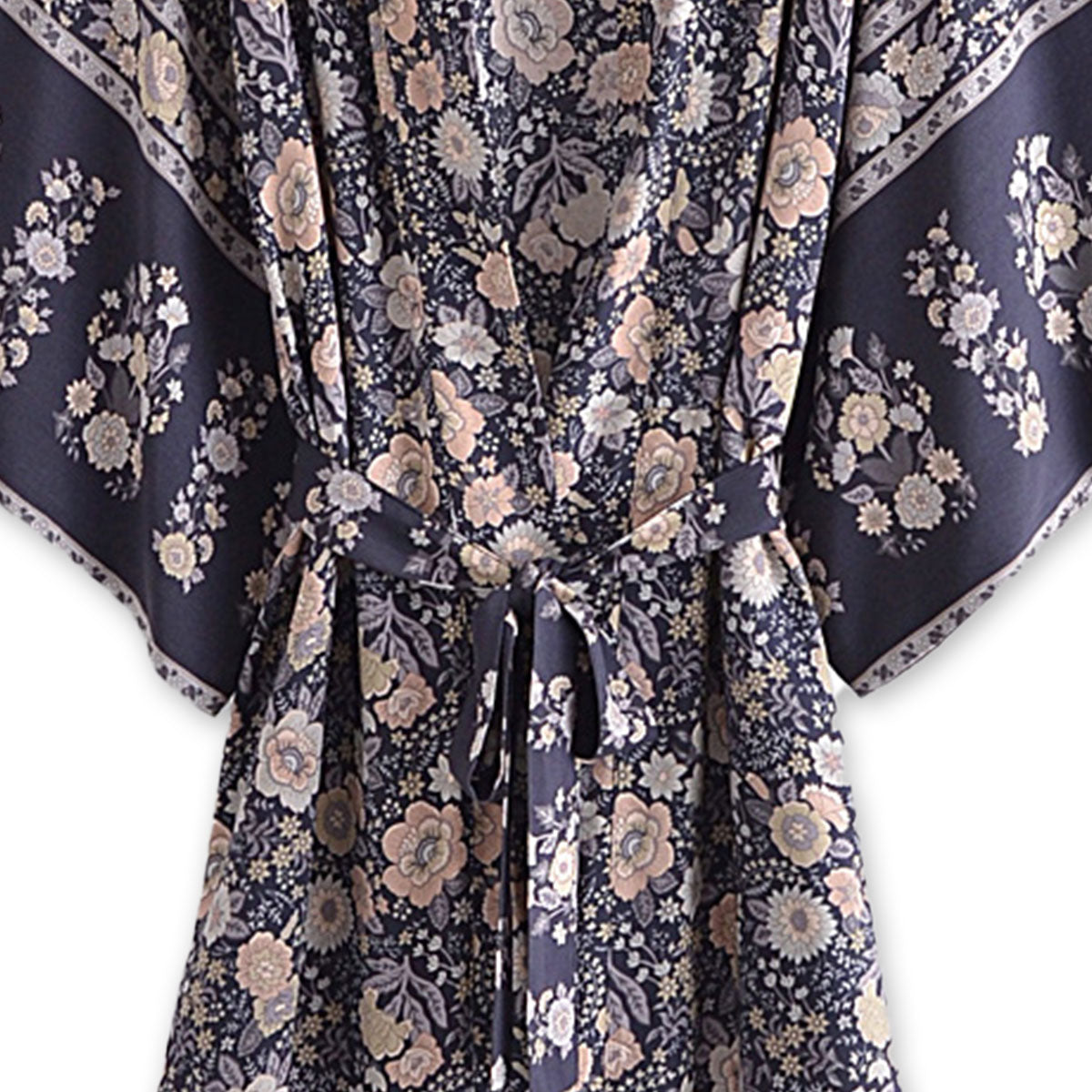 Nightfall Blue Boho Floral Print Maxi Robe