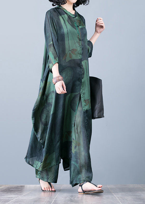 2022 thin green print chiffon wide-leg pants two-piece suit