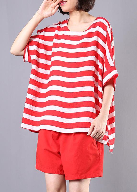 summer women two pieces red striped o neck tops and casual shorts