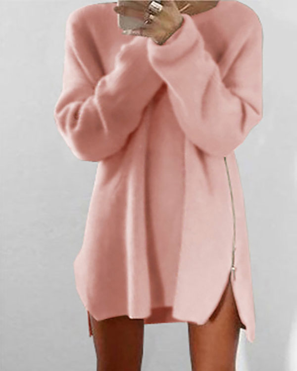 Fluffy Zipper Long Sleeve Casual H-line Sweater
