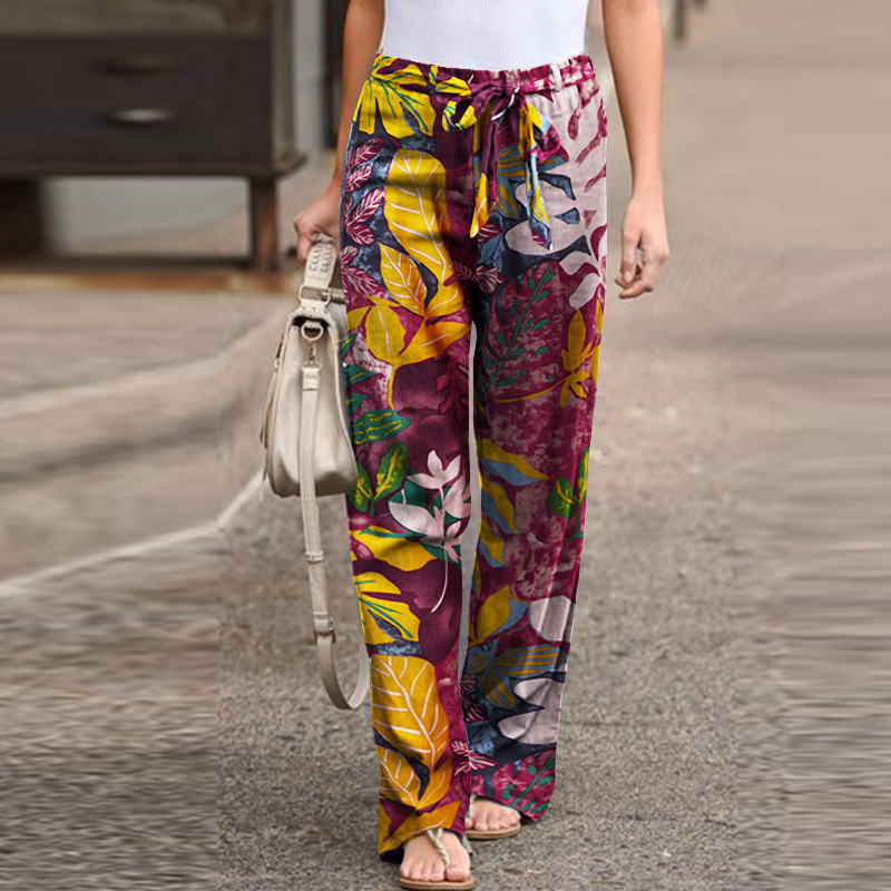 Women's Simple Elastic Waist Printed Cotton Linen Trousers