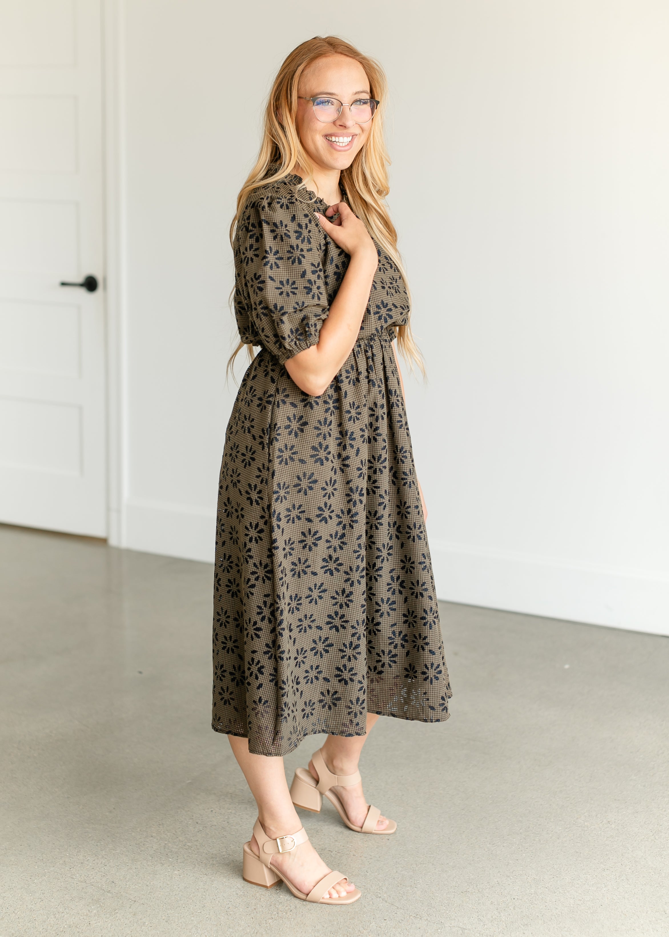 Gingham Floral Puff Sleeve Midi Dress