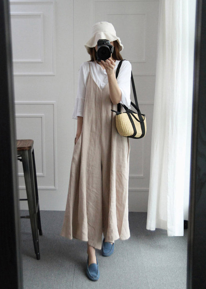 Fine Beige V Neck Pockets Spaghetti Strap Jumpsuit Pants Summer