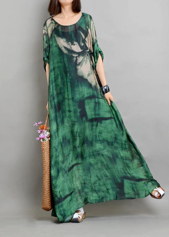 Plus Size  Green Print Chiffon Dress Summer Two Pieces Set