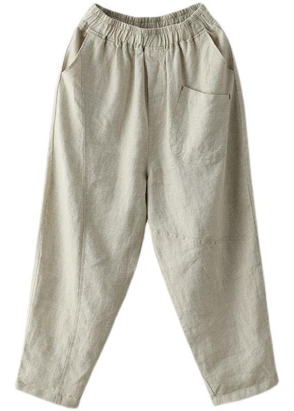 French Beige Elastic Waist Harem Summer Pants Linen