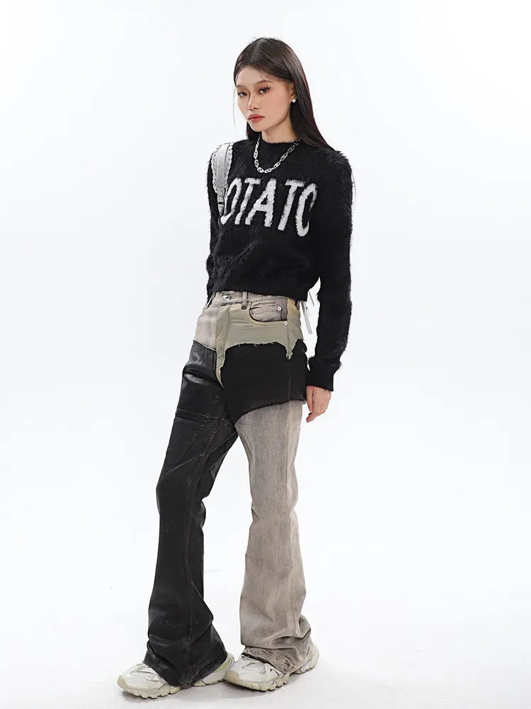 Black and Washed Denim Retro Twist Irregular Jeans