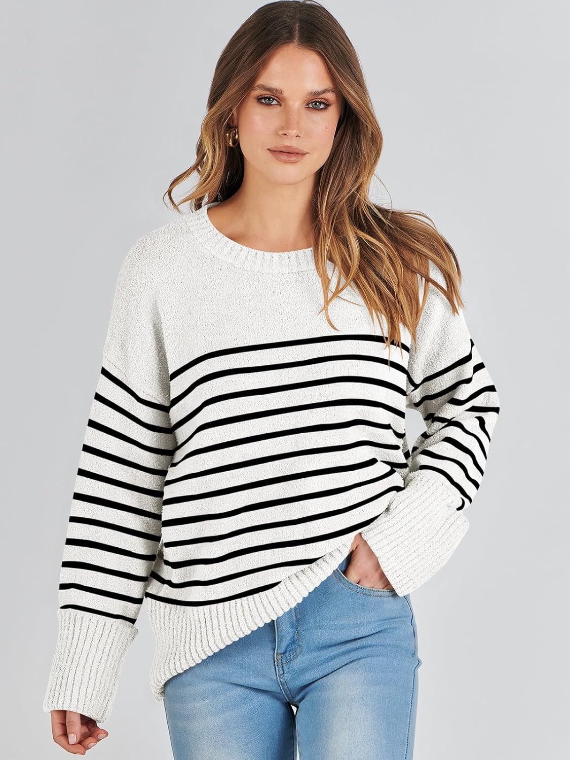 Women's Crewneck Long Sleeve Oversized Fuzzy Knit Chunky Warm Pullover Sweater Top