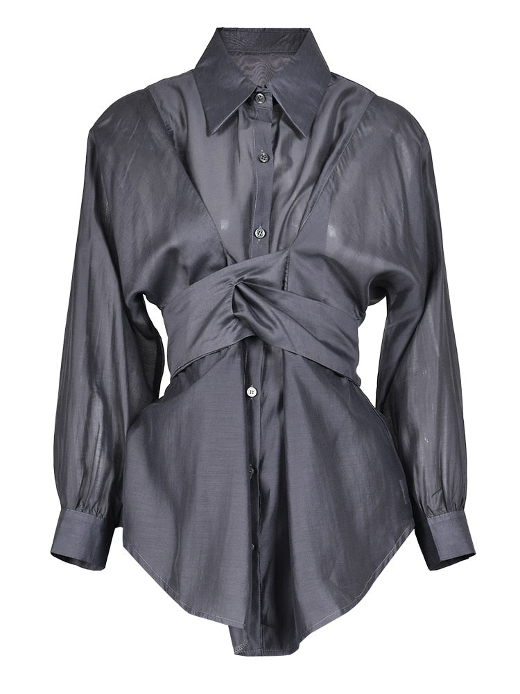 Elegant Lightweight Charcoal Gray 2-Piece Set - Classy Blouse & Long Skirt