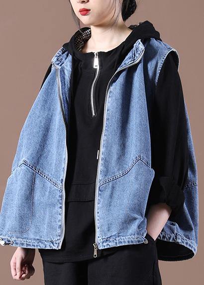 2021 Drawstring Zipper Wash Blue Stand Collar Vest
