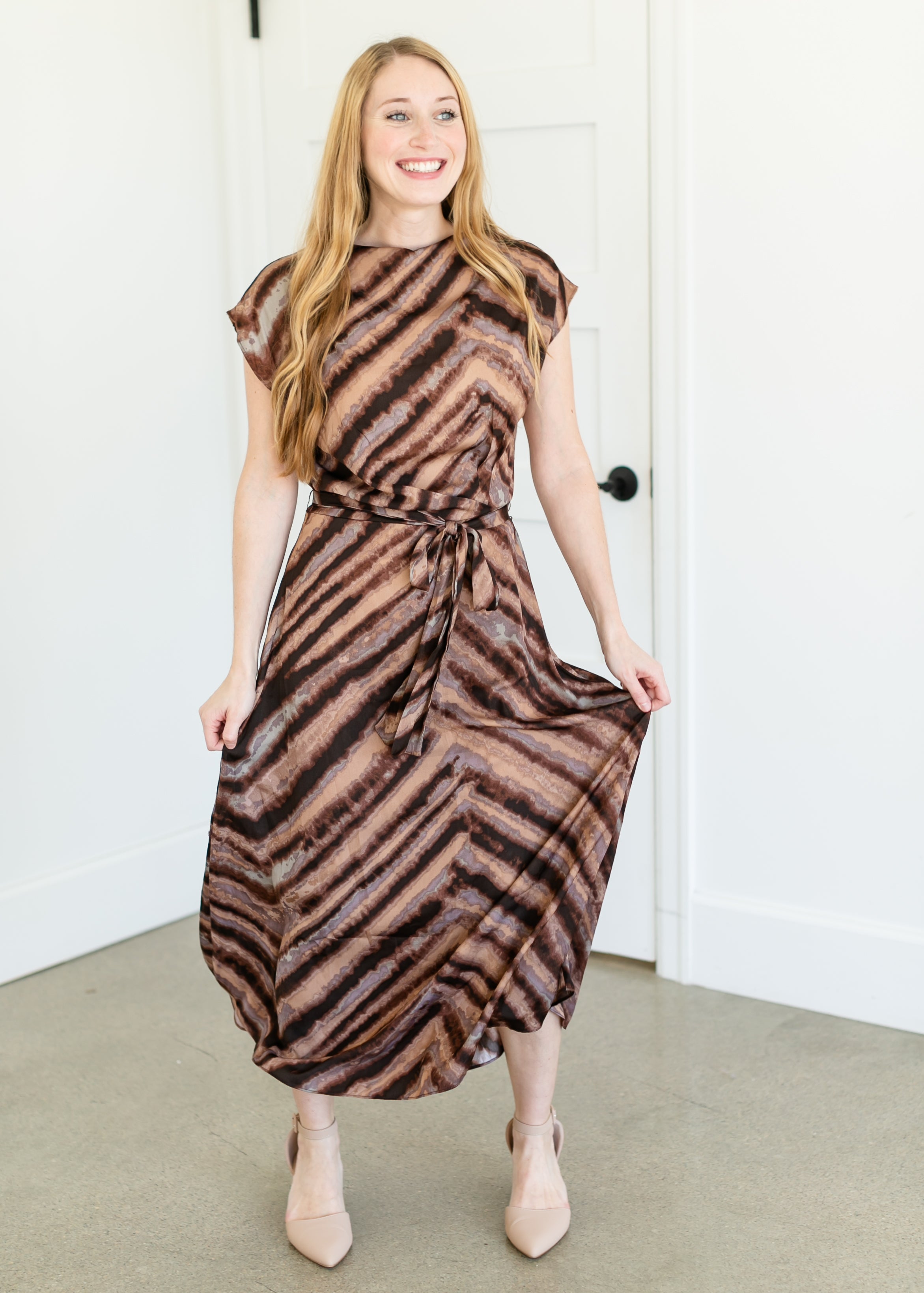 Draped Front Satin Print Midi Dress