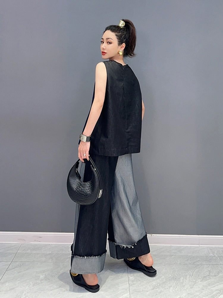 Everyday Chic Two Tone Denim Top & Wide Leg Pants 2-Piece Set