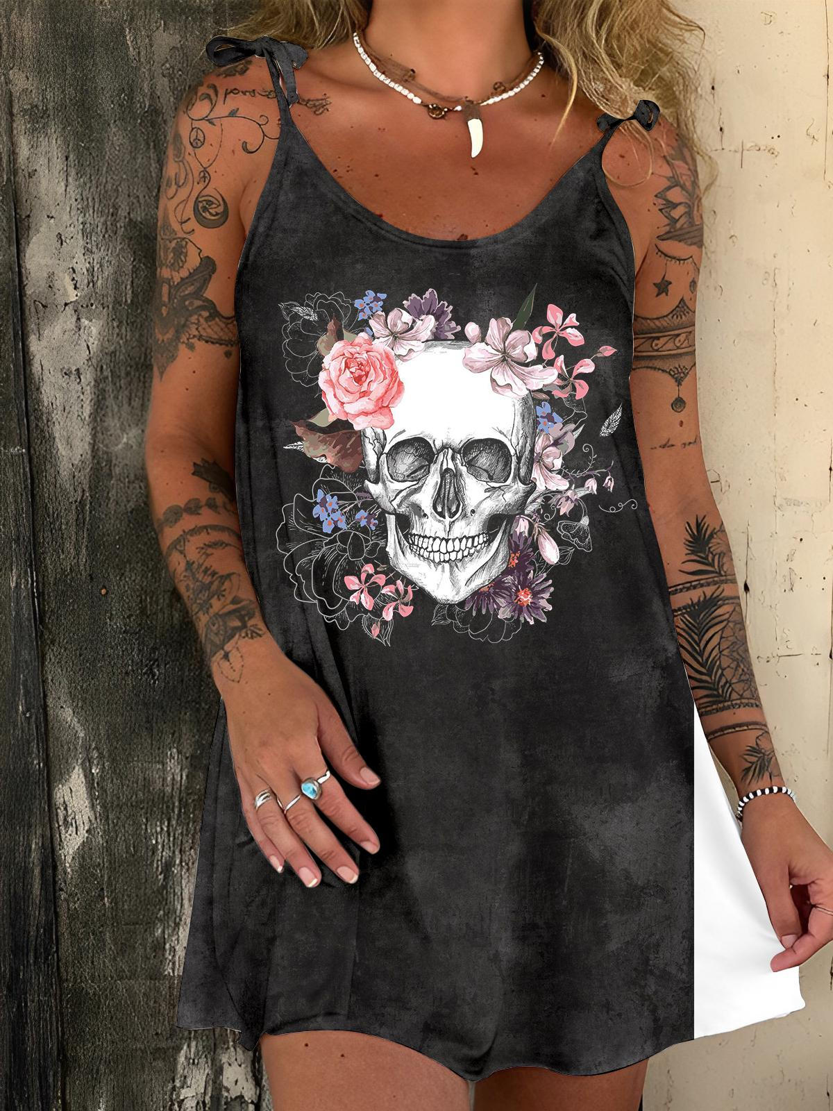 Skull Floral Print Lace-Up Spaghetti Strap Dress